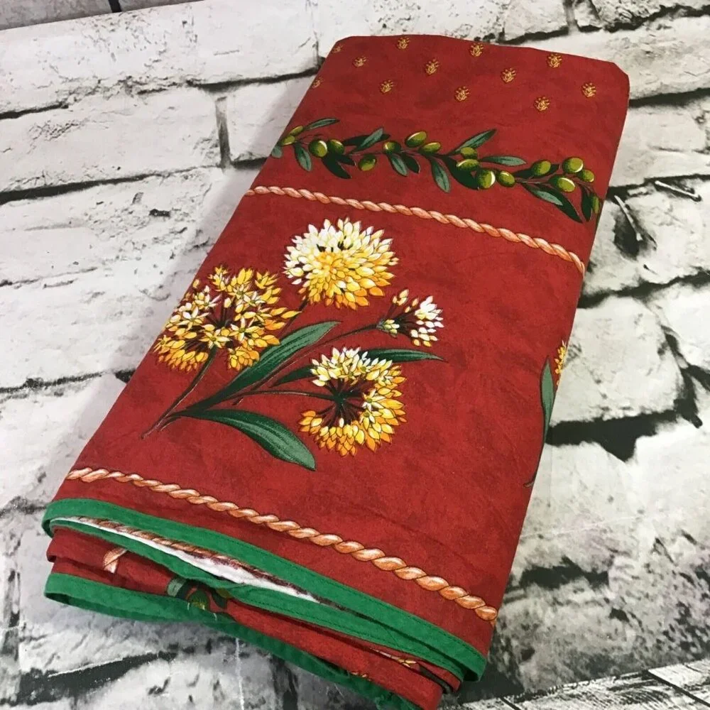 Vintage Tablecloth Red Green W/ Floral Print‎ Dandelion Fluffs 84” X 54”